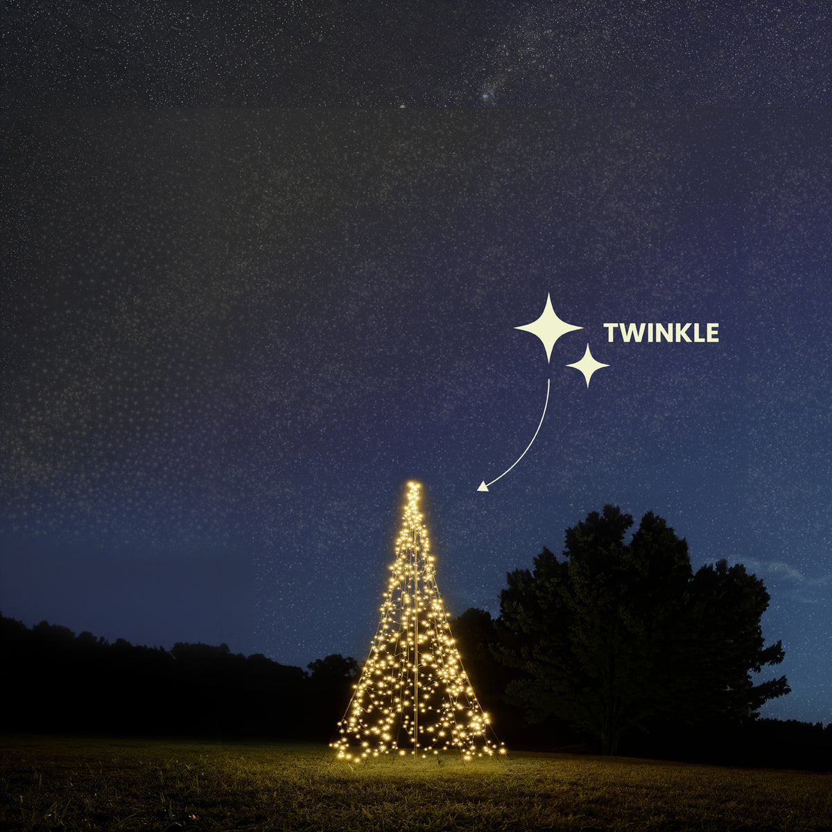Fairybell Standard 4 metre Twinkle on a lawn at night with a star icon marking the twinkle effect