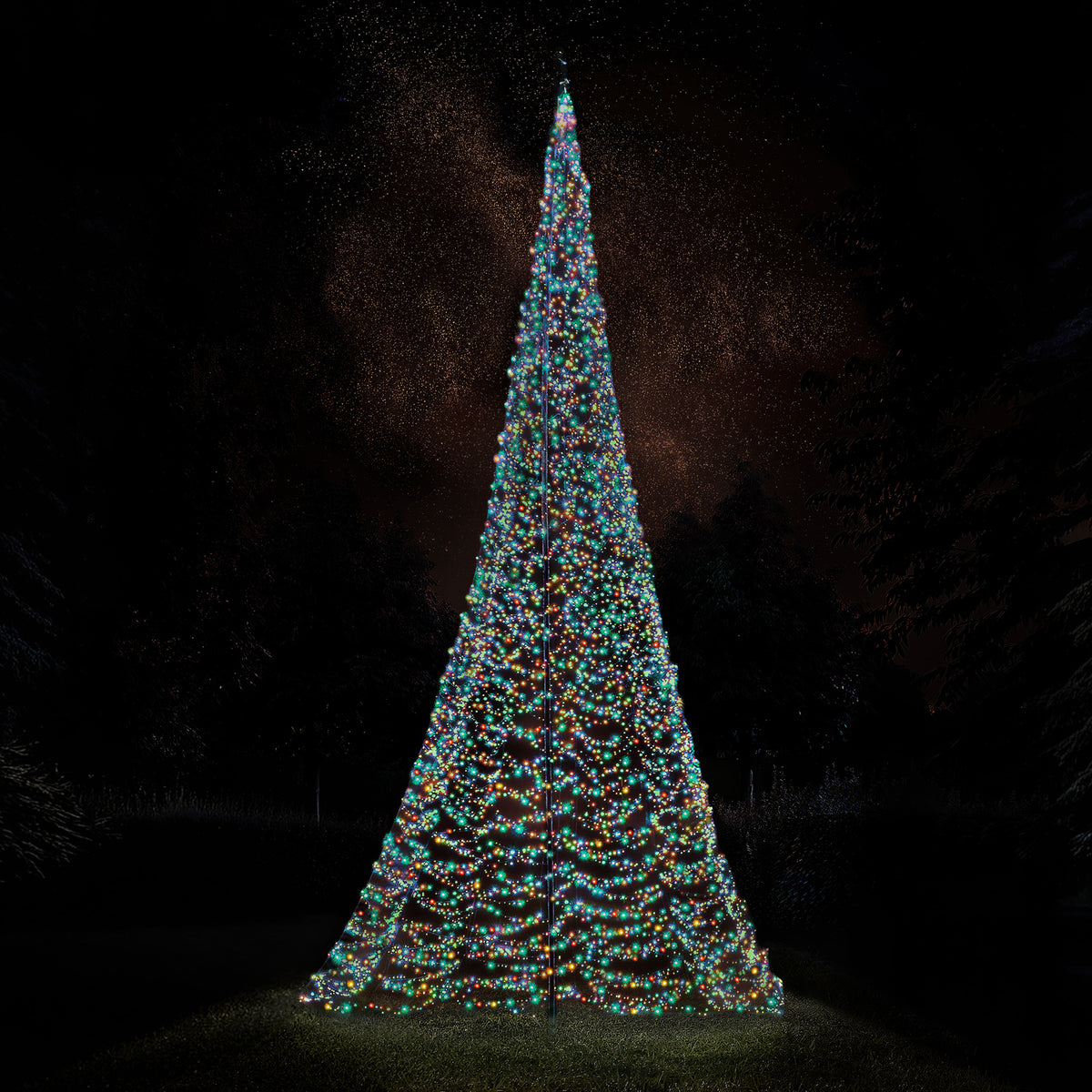 Fairybell Premium 10 metre 8000 LED with coloured lights in multicolour mode outdoors at night