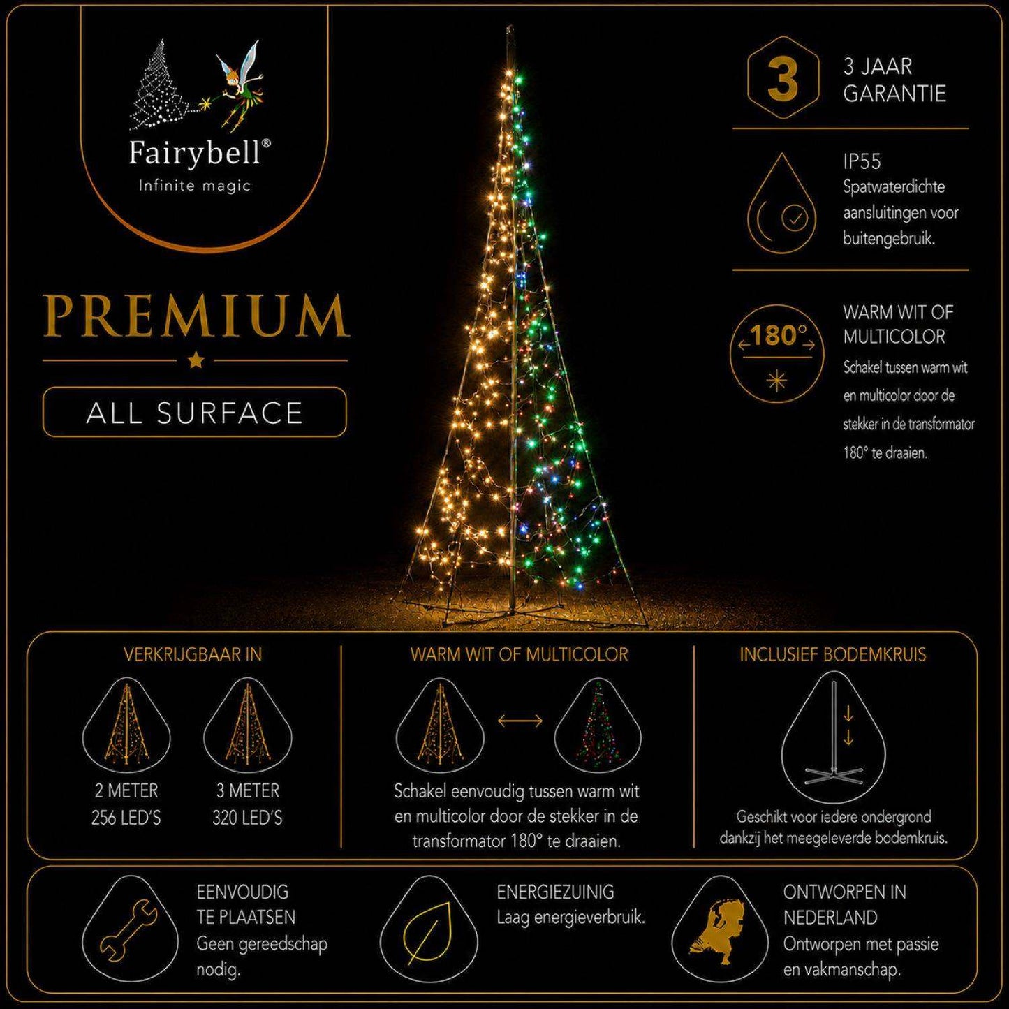 Fairybell Premium | 3 metre | 320 LED lights | Including pole | Luminous Switch | All Surface