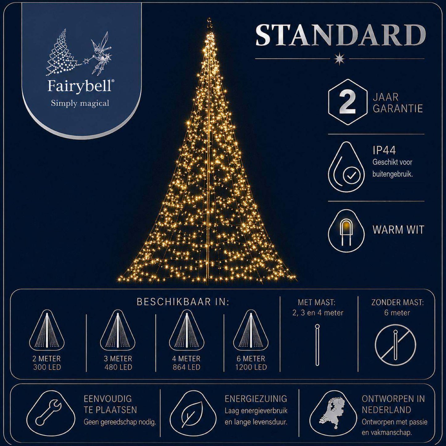Fairybell Standard | 2 metres | 300 LED lights | Includes pole | Warm white |