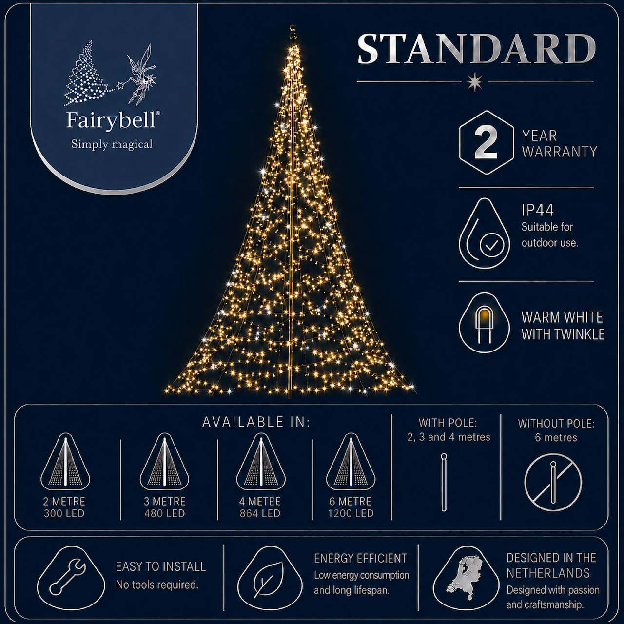 Fairybell Standard | 4 metre | 864 LED lights | Including pole | Warm white | Twinkle
