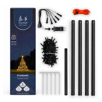 Box contents of the Fairybell Standard 2 metre: light net, transformer, extension cable, spacer strap, pole sections and pegs