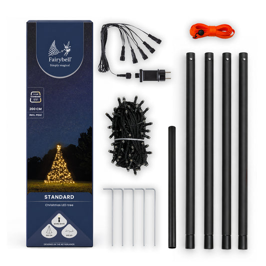 Box contents of the Fairybell Standard 2 metre: light net, transformer, extension cable, spacer strap, pole sections and pegs
