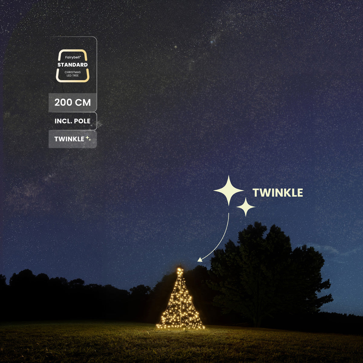 Product labels 200 cm, incl. pole and Twinkle beside the Fairybell Standard 2 metre Twinkle standing in a night landscape