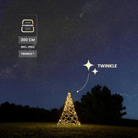 Product labels 300 cm, incl. pole and Twinkle beside the Fairybell Standard 3 metre Twinkle standing in a night landscape