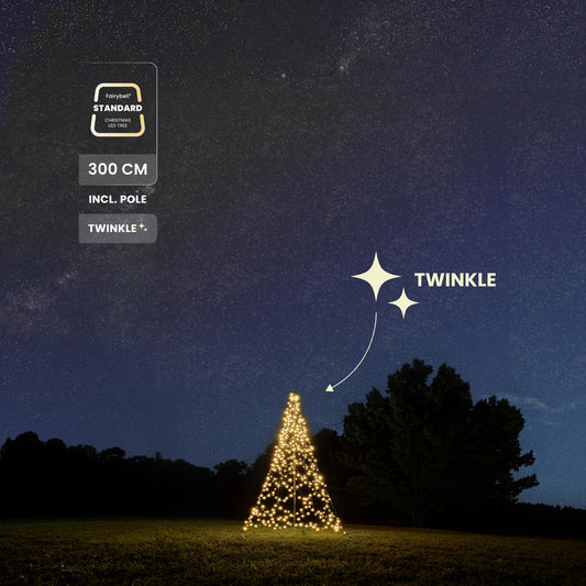 Product labels 300 cm, incl. pole and Twinkle beside the Fairybell Standard 3 metre Twinkle standing in a night landscape