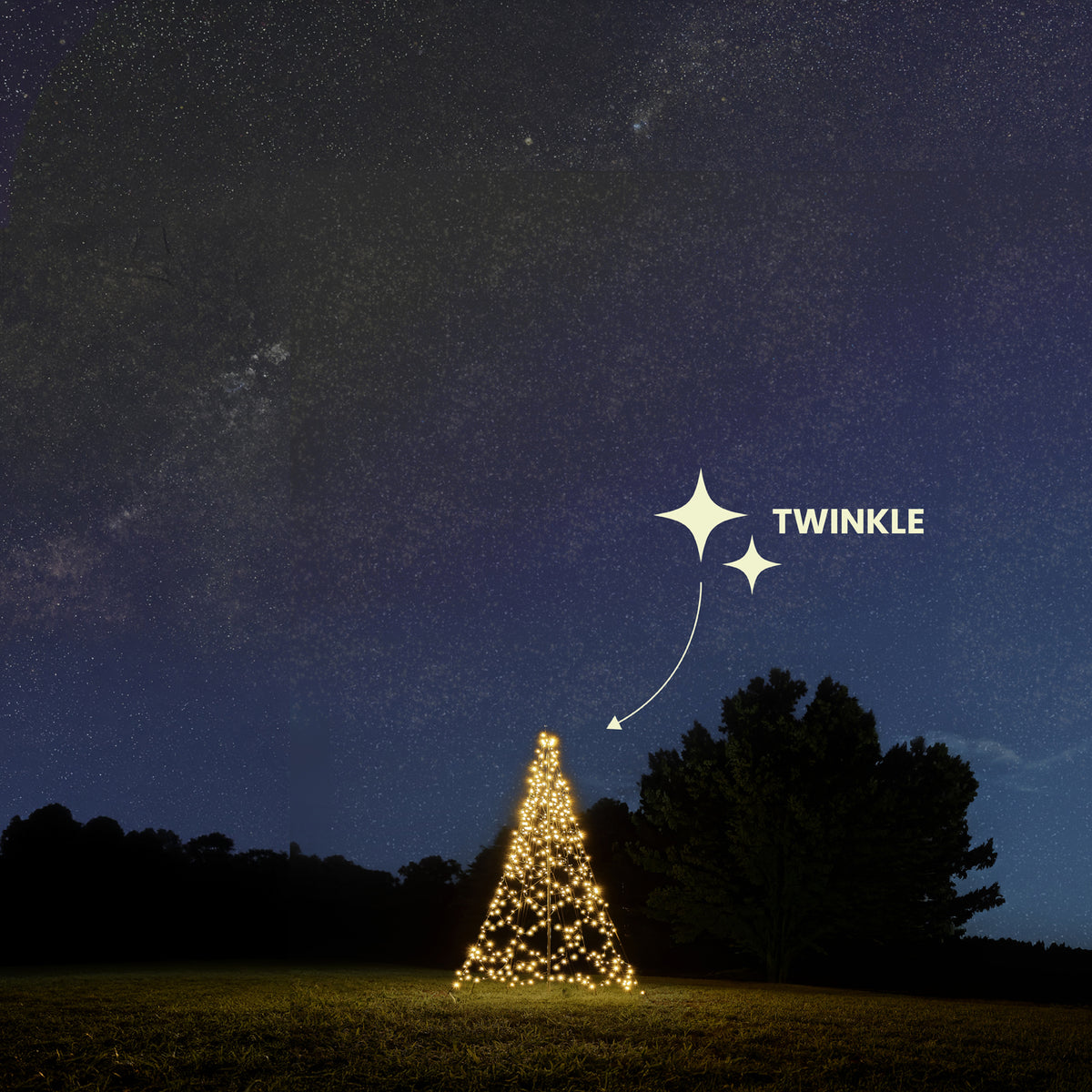 Fairybell Standard 3 metre Twinkle on a lawn at night with a star icon marking the twinkle effect