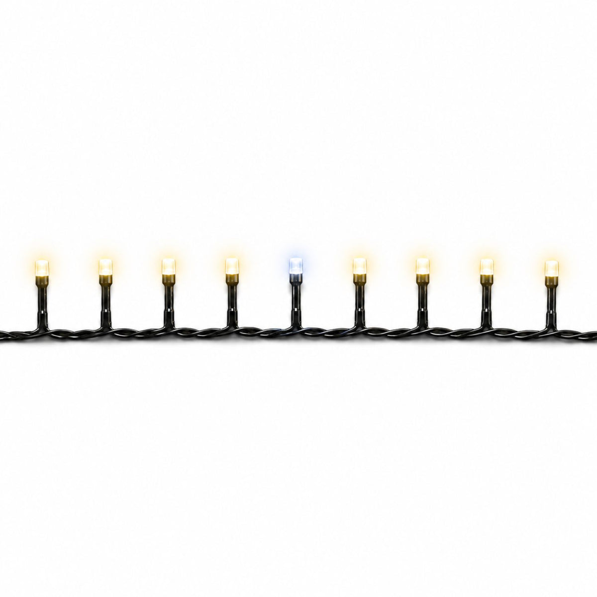 Row of warm white bulbs on the Fairybell Standard 4 metre Twinkle with one bulb flashing white from the twinkle effect