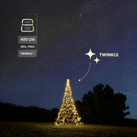 Product labels 400 cm, incl. pole and Twinkle beside the Fairybell Standard 4 metre Twinkle standing in a night landscape