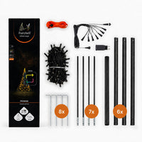In the Fairybell Premium 3 metre box: light net, splitter cable, transformer, strap, 8 stakes, 7 rods and 6 pole sections