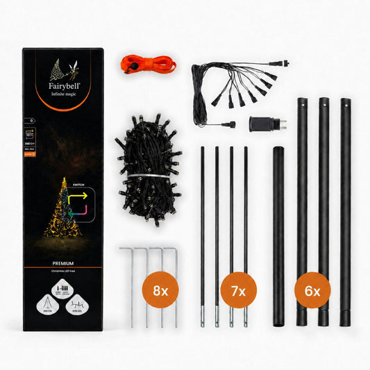 In the Fairybell Premium 3 metre box: light net, splitter cable, transformer, strap, 8 stakes, 7 rods and 6 pole sections