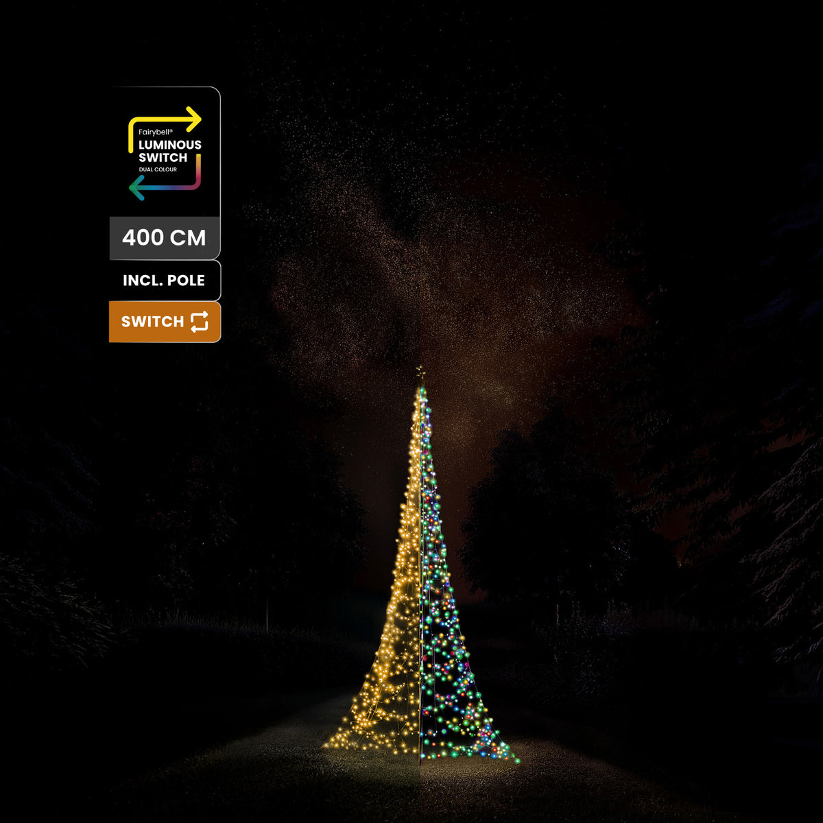 Fairybell Premium 4 metre 1536 LED under a starry sky with labels for 400 cm, pole included and Luminous Switch