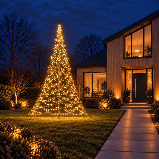 Fairybell Premium 4 metre 1536 LED lit in warm white in the front garden of a modern timber house at dusk