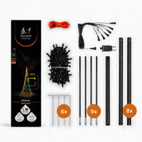 Contents of the Fairybell Premium 4 metre 1536 LED box: light net, splitter, transformer, pegs, rods and pole sections
