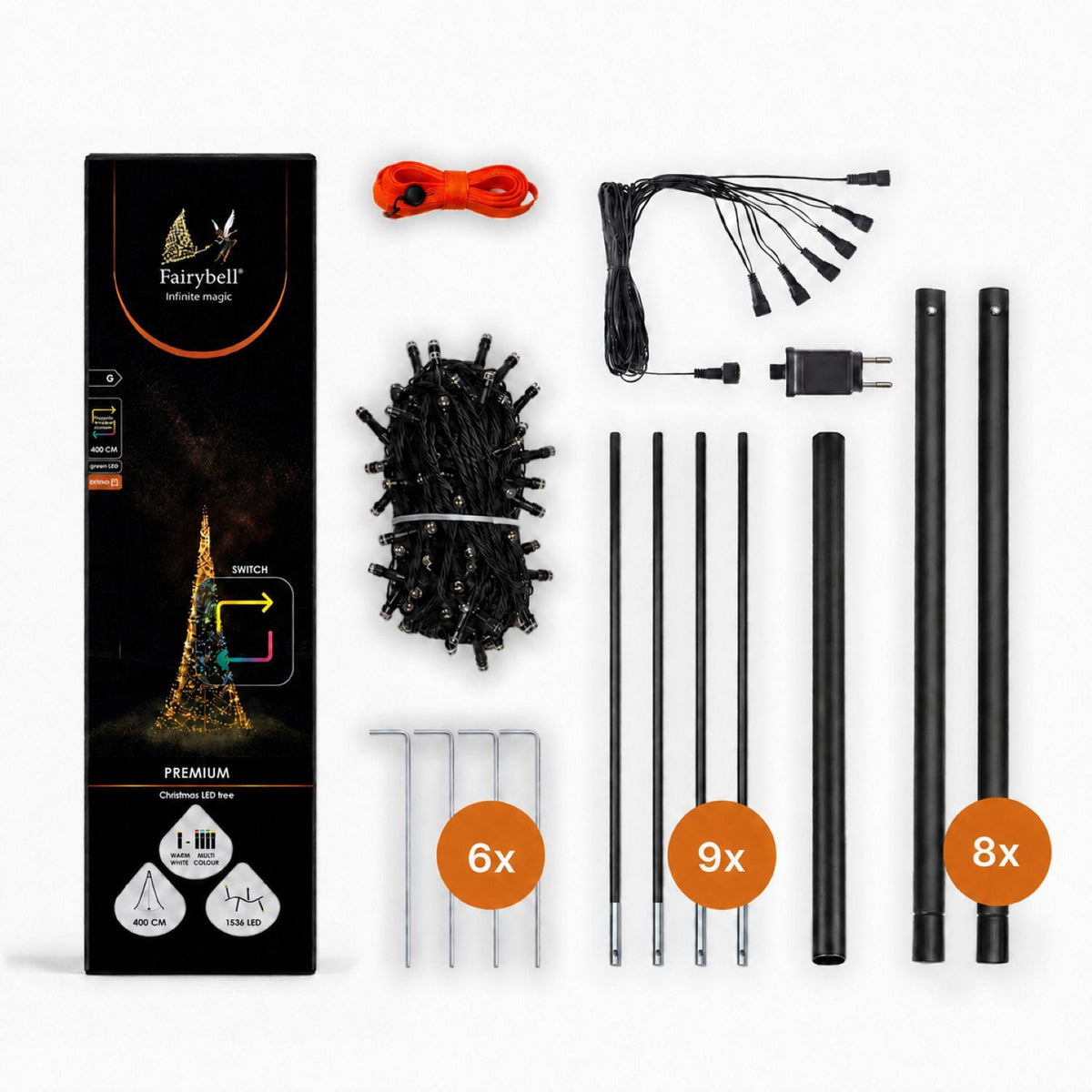 Contents of the Fairybell Premium 4 metre 1536 LED box: light net, splitter, transformer, pegs, rods and pole sections