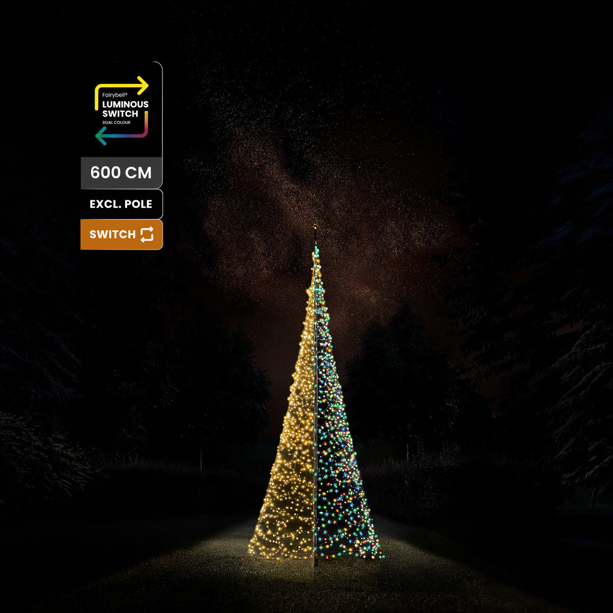 Fairybell Premium 6 metre 2048 LED under a starry sky with labels for 600 cm, pole not included and Luminous Switch