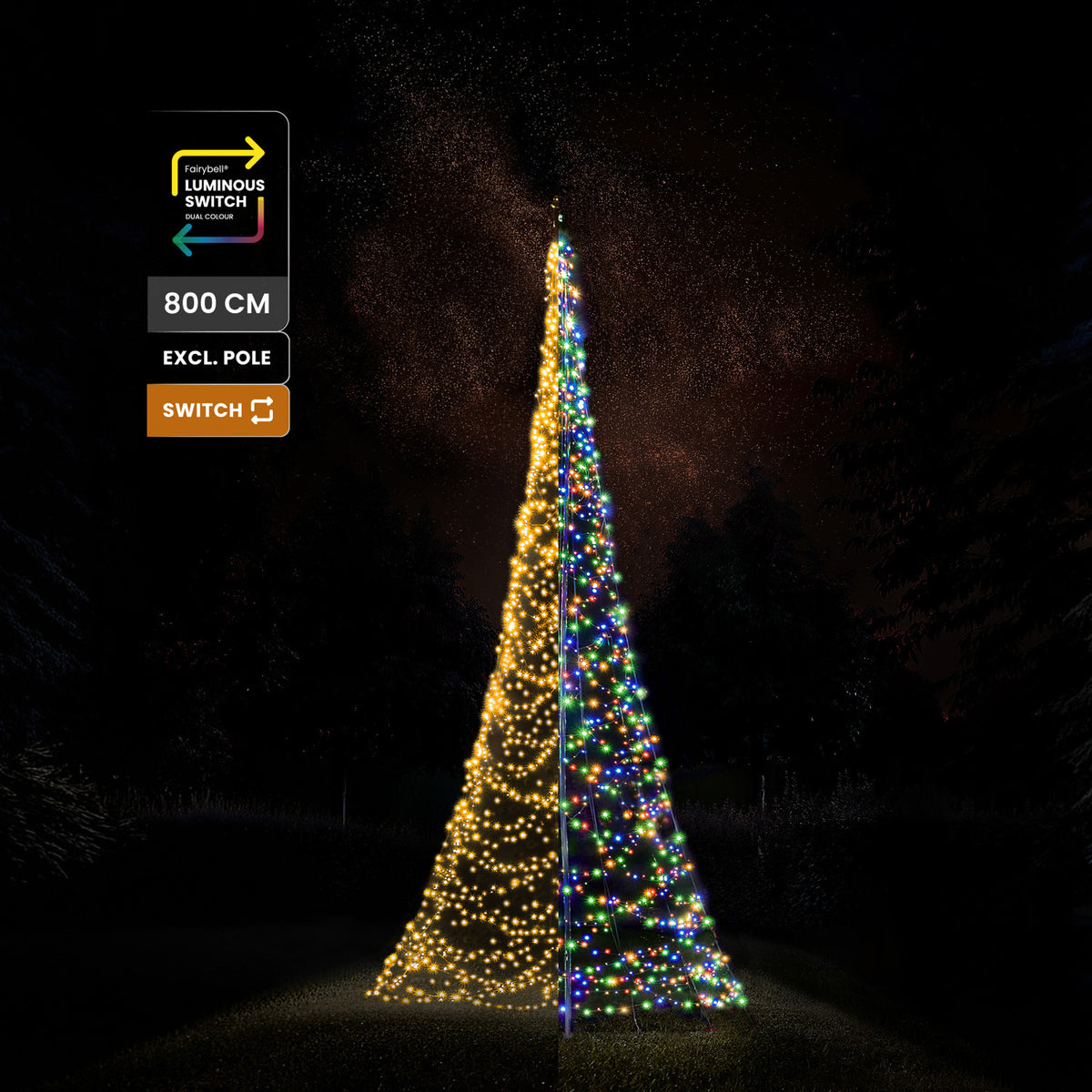Fairybell Premium 8 metre 1536 LED under a starry sky with labels for 800 cm, pole not included and Luminous Switch