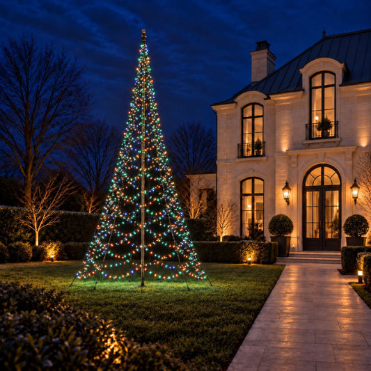 Fairybell Premium 8 metre 1536 LED in multicolour mode on the lawn in front of a classic villa in the evening
