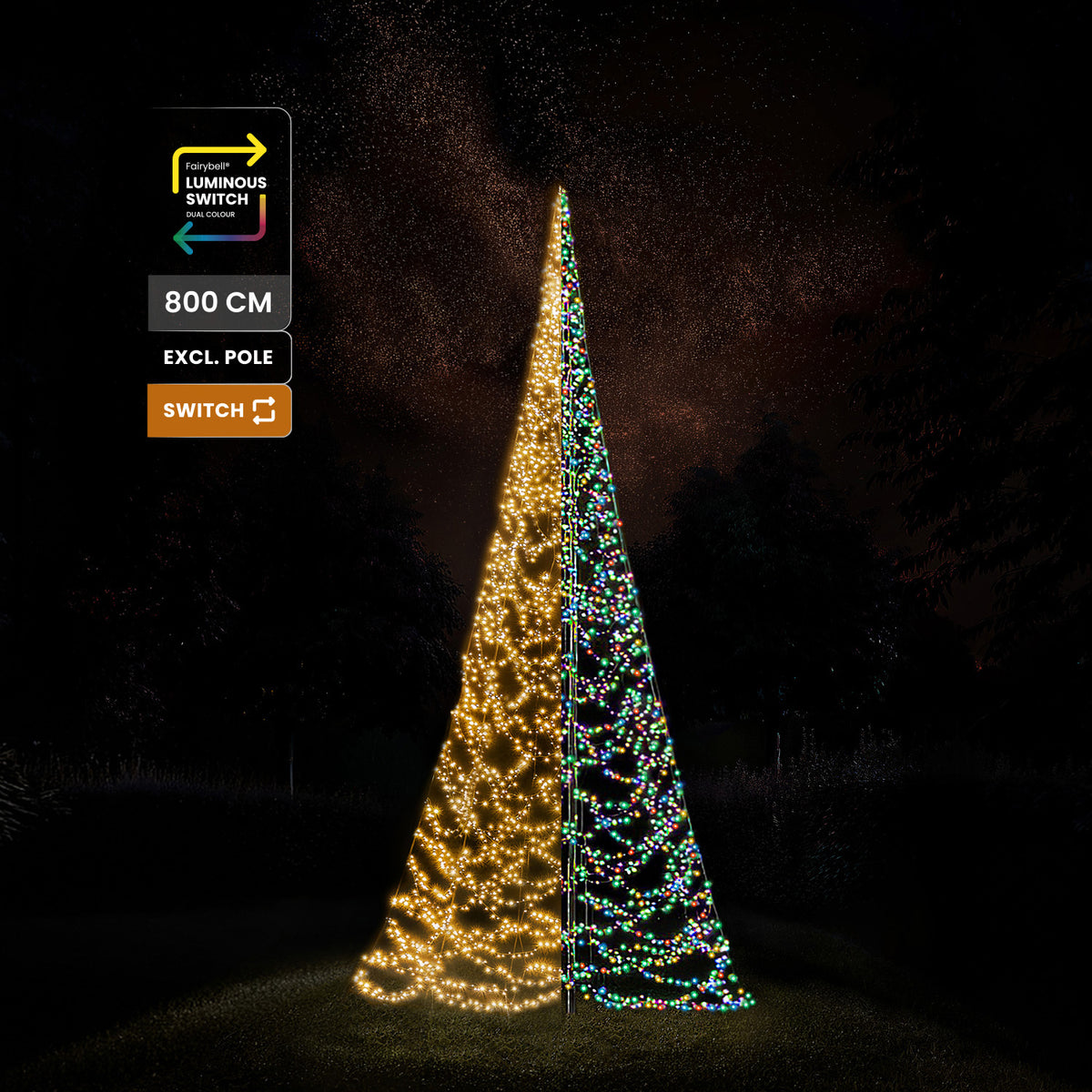 Fairybell Premium 8 metre 3024 LED under a starry sky with labels for 800 cm, pole not included and Luminous Switch
