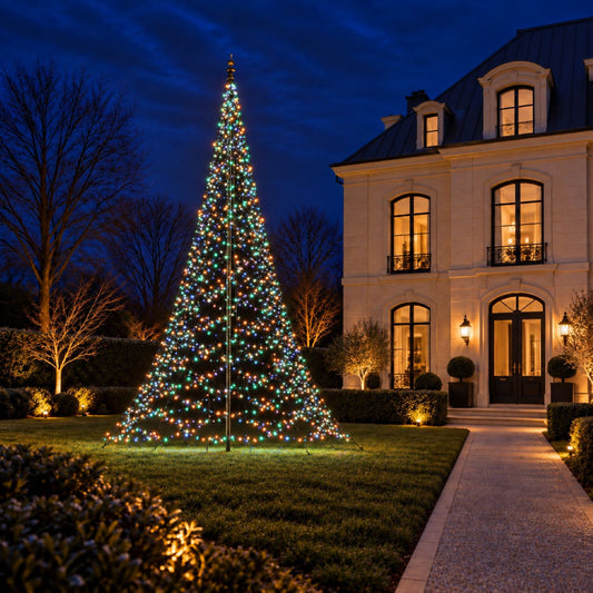 Fairybell Premium 8 metre 3024 LED in multicolour mode on the lawn in front of a classic villa in the evening