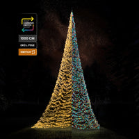 Fairybell Premium 10 metre 8000 LED under a starry sky with labels for 1000 cm, pole not included and Luminous Switch