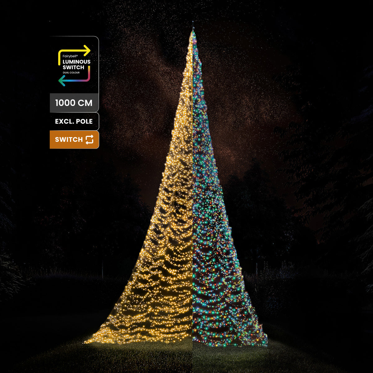 Fairybell Premium 10 metre 8000 LED under a starry sky with labels for 1000 cm, pole not included and Luminous Switch