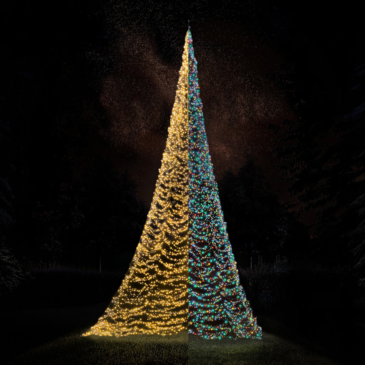 Fairybell Premium 10 metre 8000 LED shown half warm white and half multicolour beneath a starry night sky