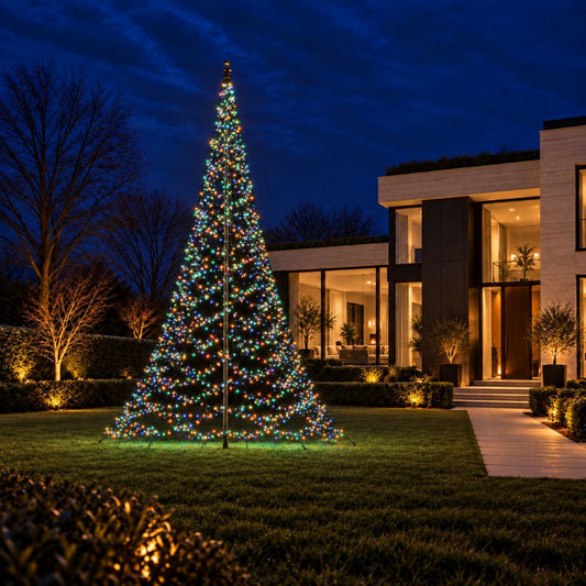 Fairybell Premium 10 metre 8000 LED in multicolour mode in the garden of a modern villa in the evening