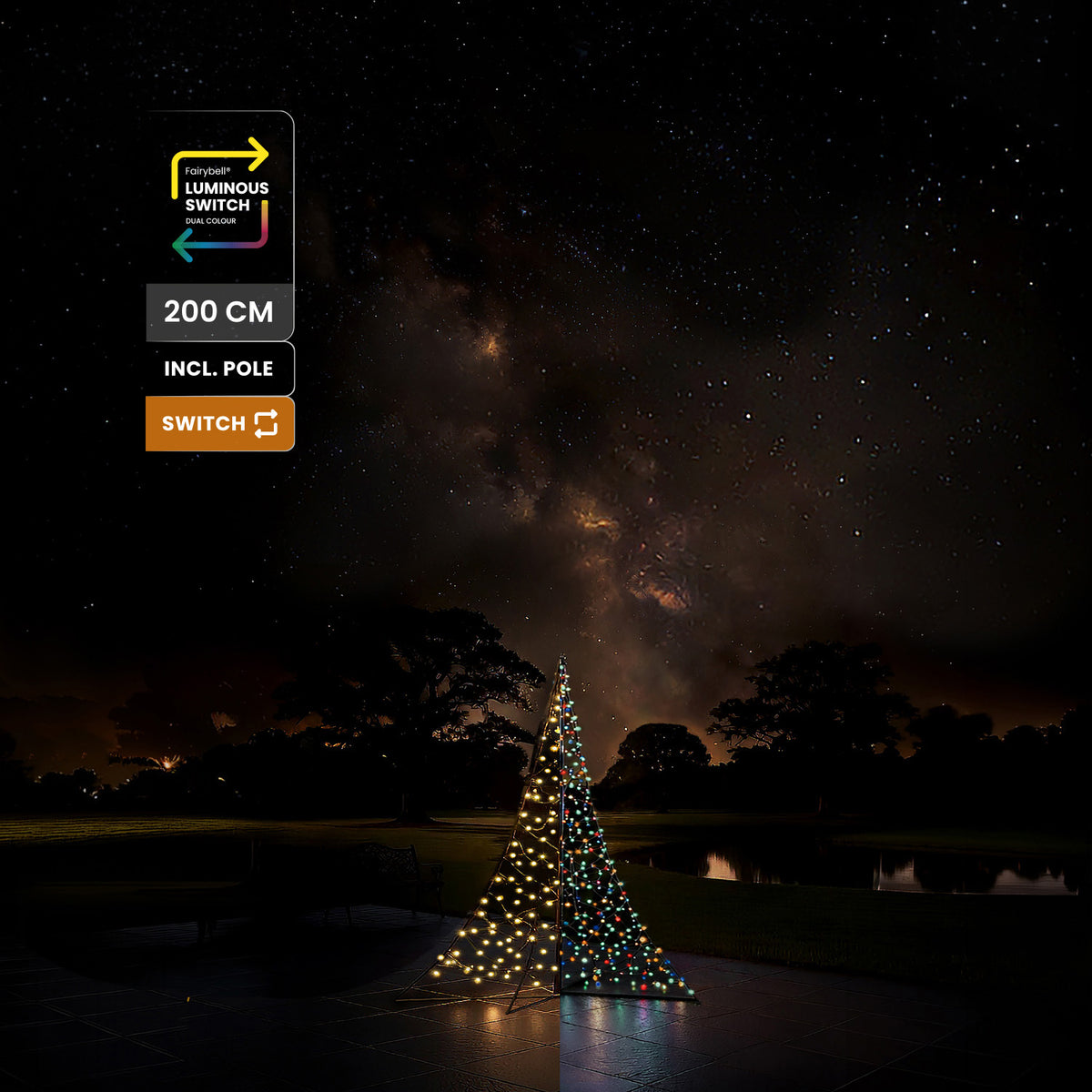 Labels for 200 cm, pole included and Luminous Switch beside the Fairybell Premium 2 metre All-Surface under a starry sky