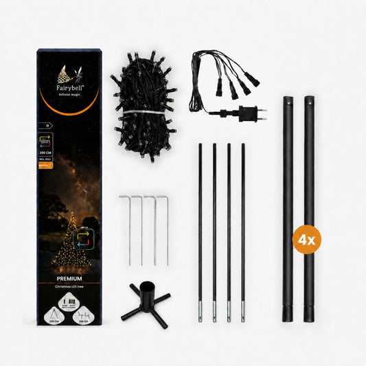 In the Fairybell Premium 2 metre All-Surface box: light net, cable with plug, stand, stakes, rods and 4 pole sections