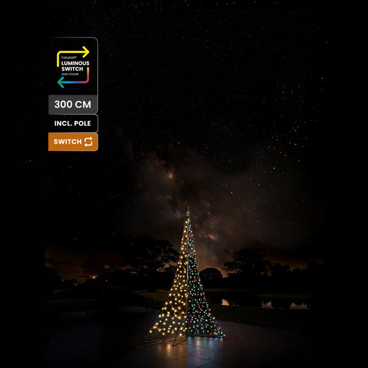 Fairybell Premium All-Surface 3 metre 320 LED under a starry sky with labels for 300 cm, pole included and Luminous Switch