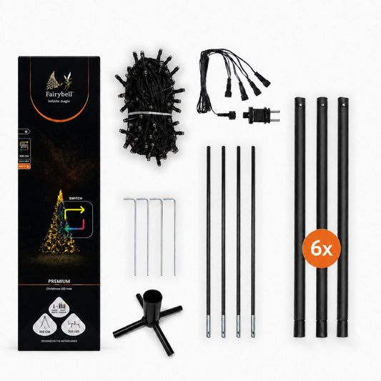 Contents of the Fairybell Premium All-Surface 3 metre 320 LED box: light net, splitter, transformer, pegs, rods and pole sections