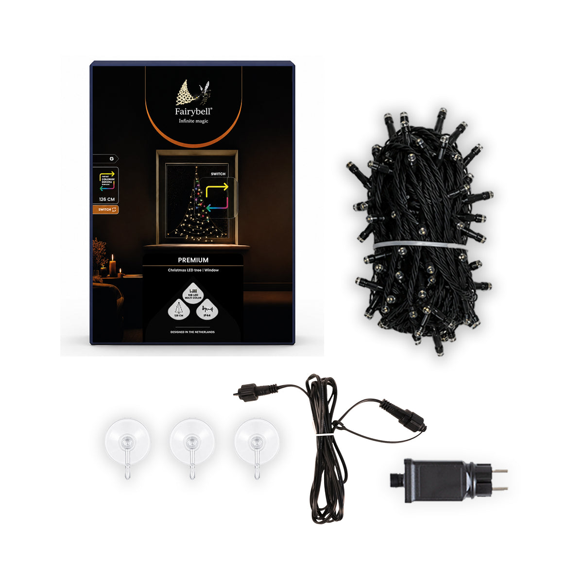 In the Fairybell Premium Window Tree 1.25 metre box: light string, three suction cups, connection cable and transformer