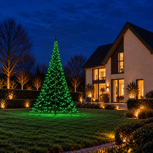 Fairybell Pro 6 meter 1152 LED Smart Magic in groen licht op het grasveld naast een witte woning