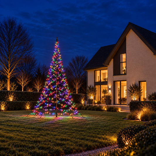 Fairybell Pro 6 meter 1152 LED Smart Magic in multicolour stand op het gazon voor een witte woning
