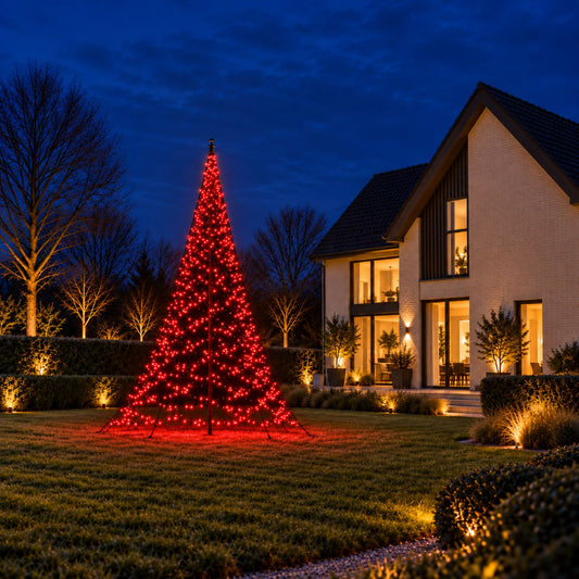 Fairybell Pro 6 meter 1152 LED Smart Magic volledig rood verlicht in de avondtuin naast een witte woning
