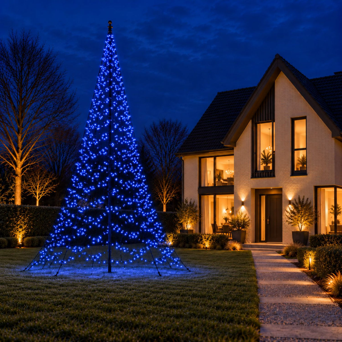 Fairybell Pro 8 metre in blue light on the lawn outside a modern family home