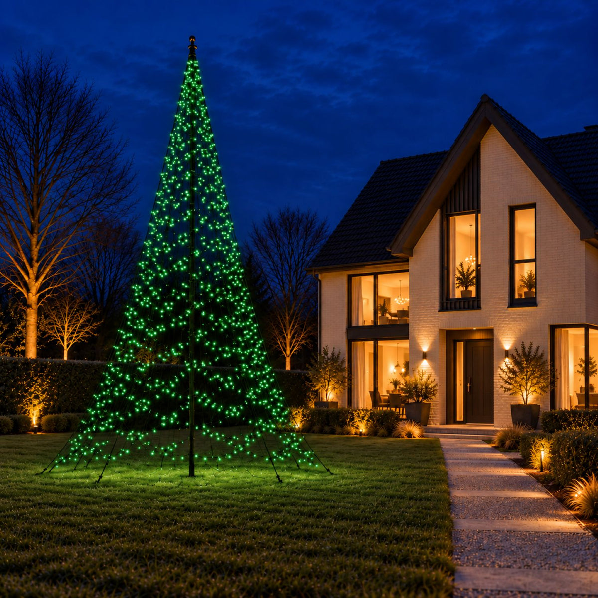 Green lit Fairybell Pro 8 metre beside the garden path of a modern family home