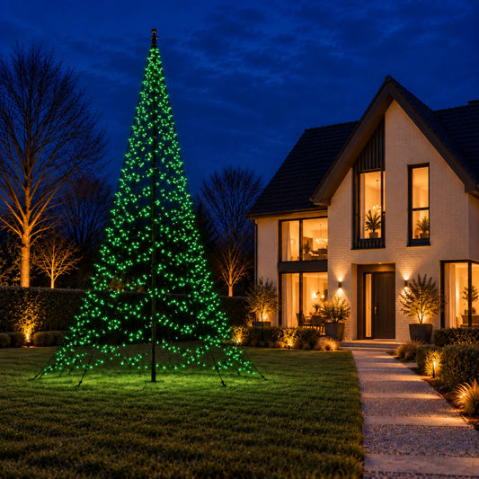 Green lit Fairybell Pro 8 metre beside the garden path of a modern family home