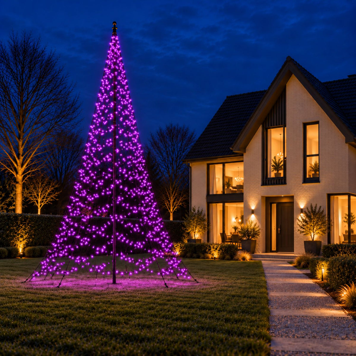 Purple lit Fairybell Pro 8 metre next to a modern family home at dusk