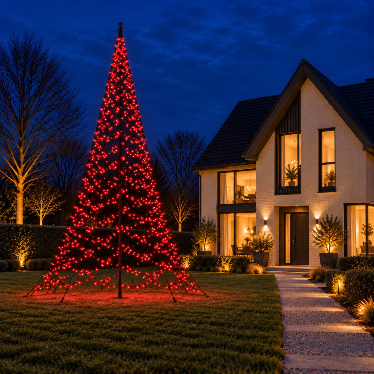 Fairybell Pro 8 metre glowing red in the front garden of a modern family home at night