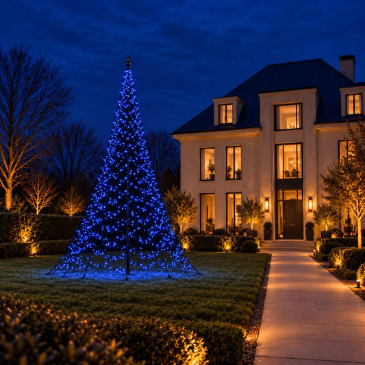 Fairybell Pro 10 metre in blue light on the lawn outside a villa