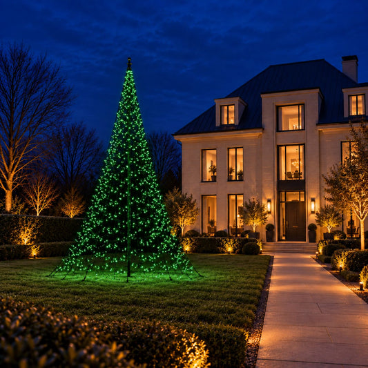 Green lit Fairybell Pro 10 metre beside the garden path of a villa