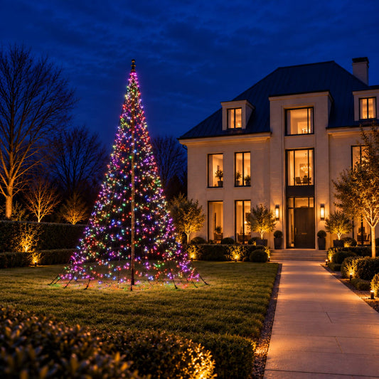 Fairybell Pro 10 metre with multicoloured lights in the garden of a villa