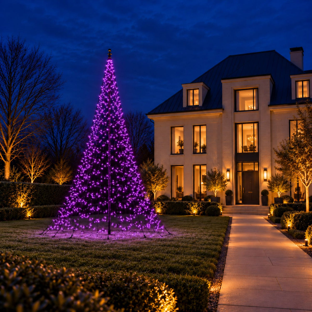 Purple lit Fairybell Pro 10 metre next to a villa at dusk
