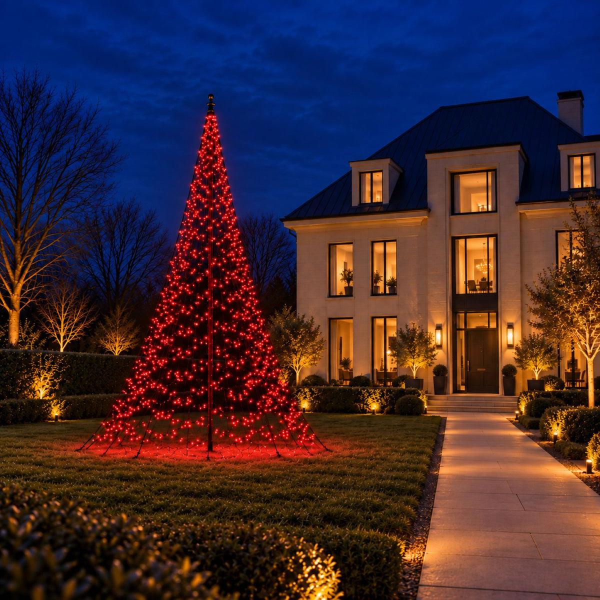 Fairybell Pro 10 metre glowing red in the front garden of a villa at night