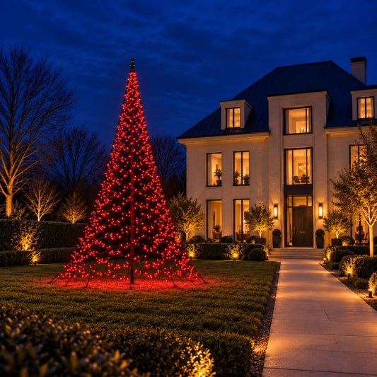 Fairybell Pro 10 metre glowing red in the front garden of a villa at night