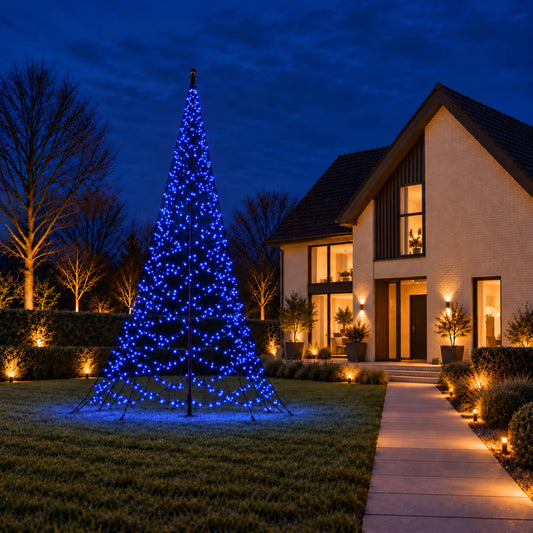 Fairybell Pro 7 metre in blue light on the lawn outside a modern house