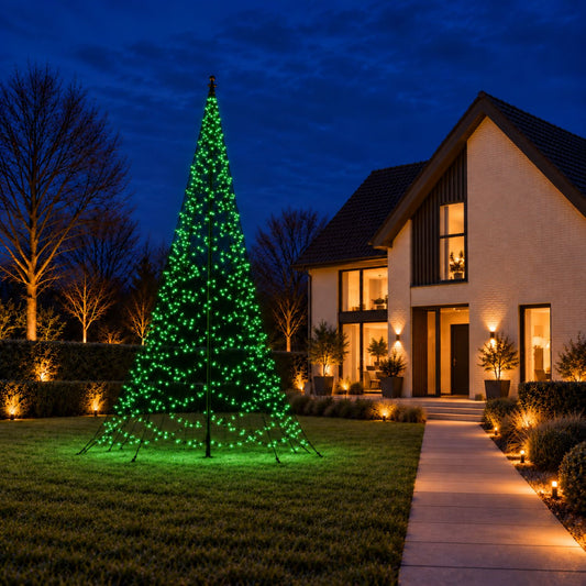 Green lit Fairybell Pro 7 metre beside the garden path of a modern house