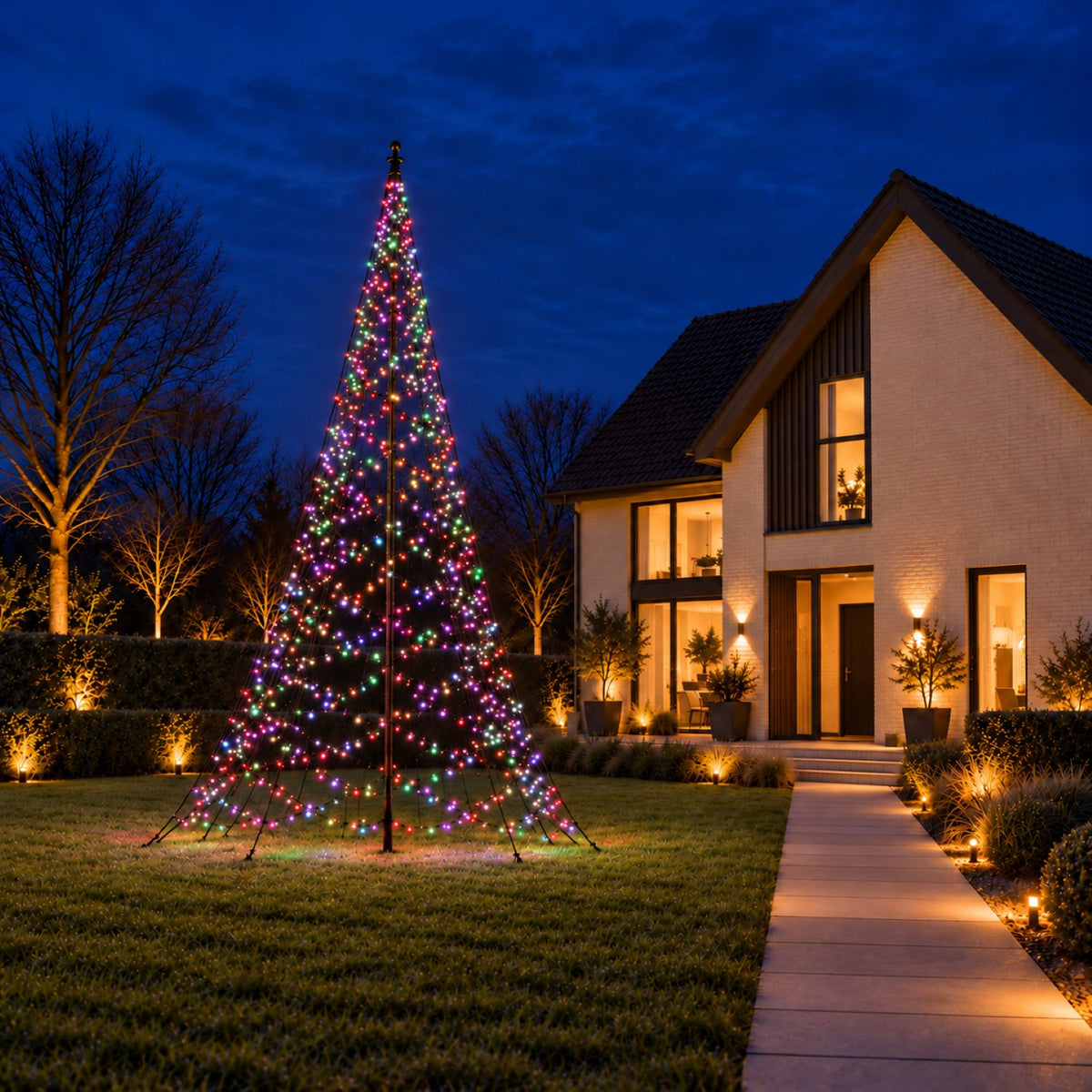 Fairybell Pro 7 metre with multicoloured lights in the garden of a modern house
